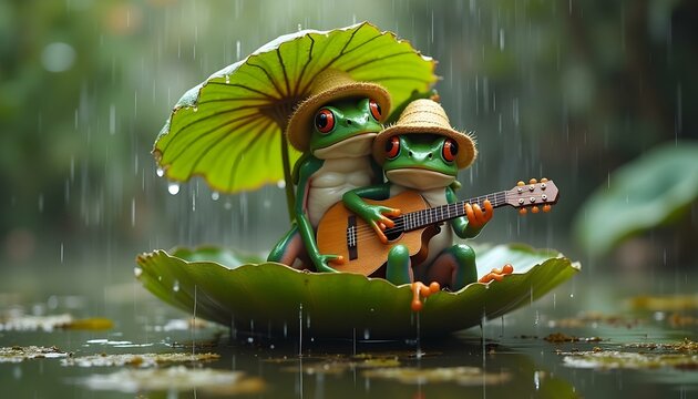 The frogs are wearing straw hats and are using another large lily pad as an umbrella to shield themselves from the rain