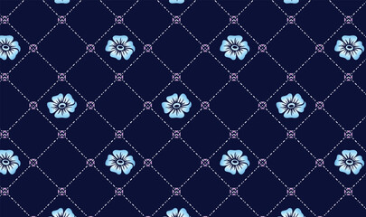 "Elegant Blue Floral Seamless Pattern on Dark Navy Diamond Grid Background"