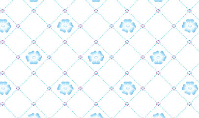 "Light Blue Floral Seamless Pattern on White Diamond Grid Background"