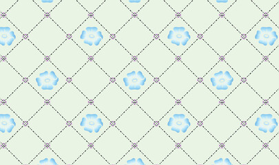 "Seamless Blue Floral Pattern on Light Green Diamond Grid Background"