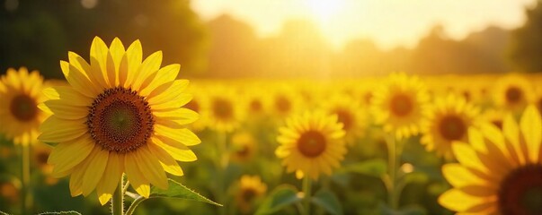 Obraz premium Sun-drenched field of sunflowers, vibrant yellow blossoms basking in golden sunlight, creating a cheerful and energetic scene Perfect for summer, happiness, and nature themes , light, landscape