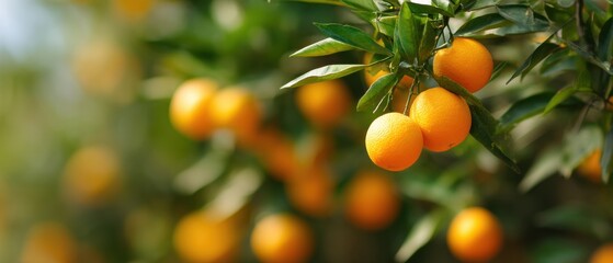 Sun-drenched citrus orchard with vibrant ripe oranges, clear sky, rustic charm, soft background blur