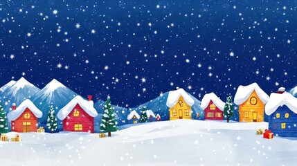 Fototapeta premium Cozy Winter Village with Snowy Landscape and Vibrant Colorful Houses