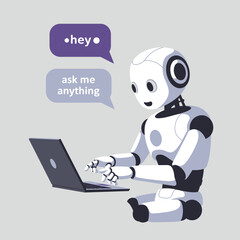 Humanoid Robot Typing on Laptop with AI Speech Bubbles