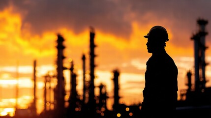 Fototapeta premium Silhouette of Oil and Gas Worker in Helmet Against Sunset Background