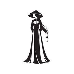 Elegant Ao Dai Dress Vector Silhouette of Vietnamese Traditional Attire Showcasing Graceful Cultural Fashion, Flowing Gown, and Timeless Feminine Beauty.