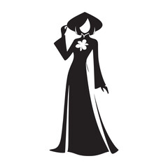 Elegant Ao Dai Dress Vector Silhouette of Vietnamese Traditional Attire Showcasing Graceful Cultural Fashion, Flowing Gown, and Timeless Feminine Beauty.
