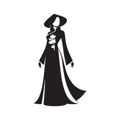 Elegant Ao Dai Dress Vector Silhouette of Vietnamese Traditional Attire Showcasing Graceful Cultural Fashion, Flowing Gown, and Timeless Feminine Beauty.