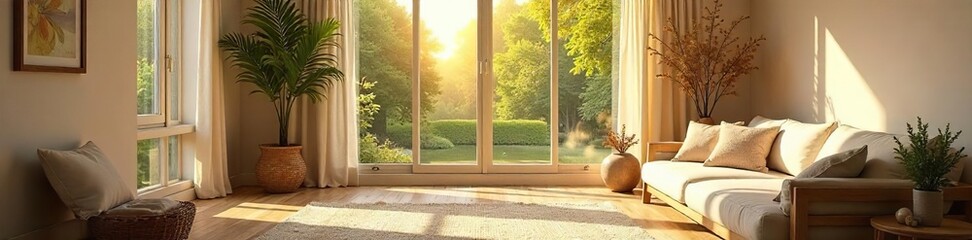 A cozy, sunlit room filled with comfortable furniture and soft textures, radiating warmth and tranquility  Perfect for relaxation and self-care ,  wellbeing,  pillows