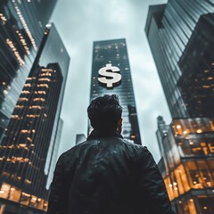 A man gazes at a skyscraper displaying a dollar symbol in an urban setting.