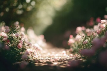 Garden path lined with blooming summer flowers under soft-focus sunlight through leaves