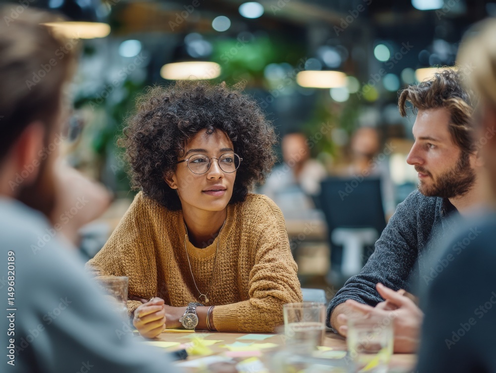 Aufkleber Diverse Team Brainstorming at a Table in Modern Office, Illustrating Collaboration and Workplace Inclusion for Corporate Training and Business Strategy : Generative AI
