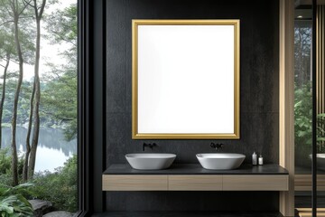 Fototapeta premium Modern bathroom with large framed art, panoramic view