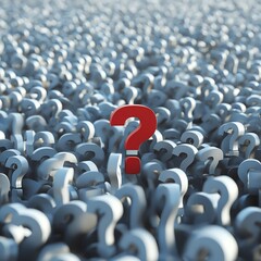 A sea of question marks with one red question mark in focus.