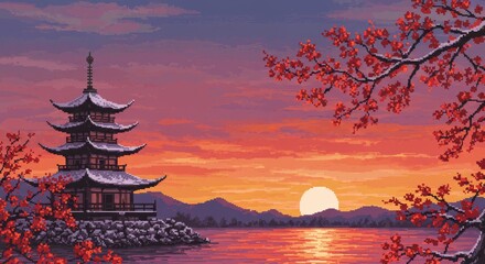 Obraz premium Winter Sunset Pagoda Pixel Art - Serene winter sunset scene, pixel art . Symbolizes peace, tranquility, beauty, the passage of time, and spiritual reflection