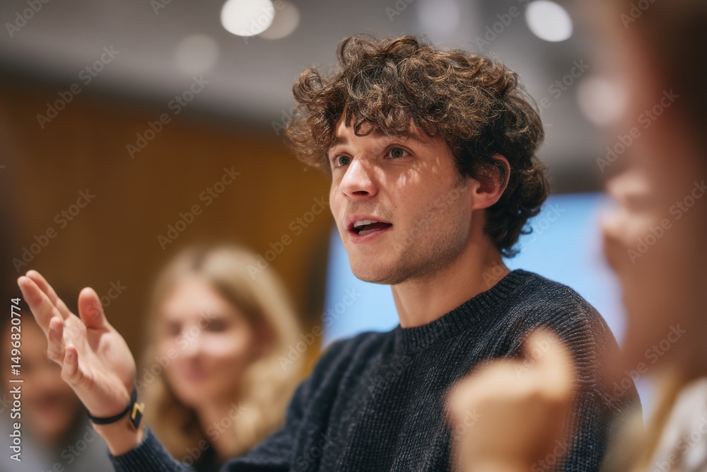 Poster young man explaining a concept during a meeting, emphasizing teamwork and corporate training, with c