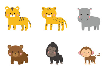 Whimsical Jungle Animal Collection: Tiger, Leopard, Hippo, Bear, Gorilla, Monkey in Playful Flat Grid for Kids' Decor & Education