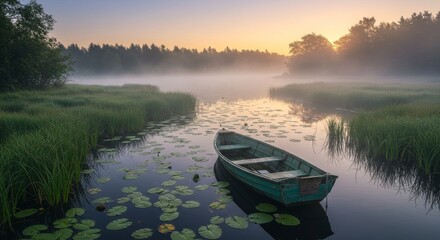 Obraz premium Sunrise Serenity: Rowboat on Misty Lake - Tranquil sunrise scene, rowboat on calm lake, misty forest backdrop, lily pads, peaceful nature. Symbolizes serenity, reflection, peace, solitude