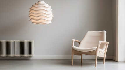 Minimalist room with modern armchair, wavy pendant lamp, and radiator against a neutral wall.