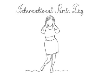 International Panic Day. Girl,woman panicking,angry,screaming,nervous,indignant, continuous single line art hand drawing sketch logo