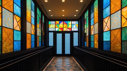 A hallway with vibrant stained glass windows and geometric patterns, illuminated by ceiling lights, creating a colorful and artistic atmosphere.