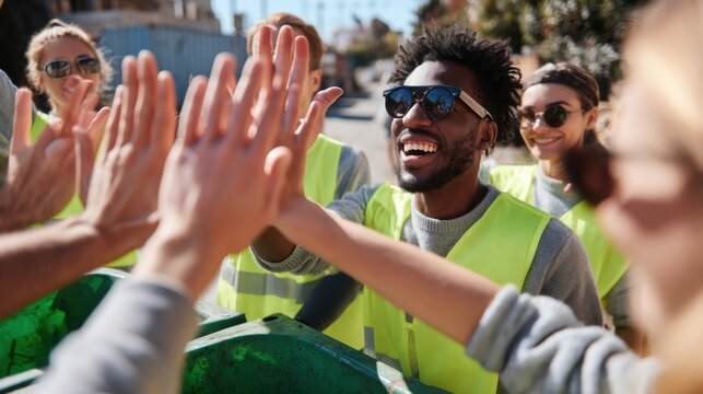 Diverse Volunteers Giving High Five After Community Cleanup, Illustrating Teamwork and Corporate Social Responsibility Initiatives : Generative AI
