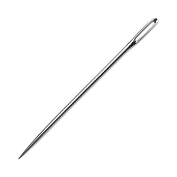 A metallic sewing needle on a white background.
