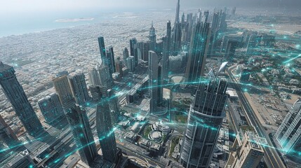 High Angle View of Dubai with Graphical Data Flow Representation