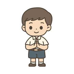 Cute Thai School Boy in Uniform Cartoon Vector Illustration