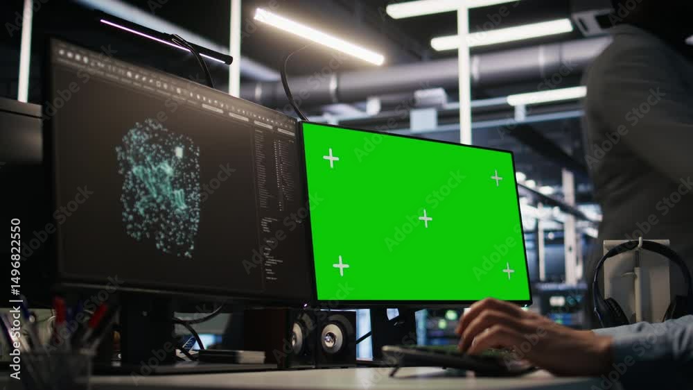 Poster close up of data center technician using green screen pc to monitor neural network ai. server room w