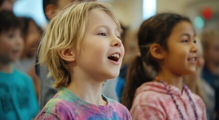 Obraz premium Children Singing in School Choir With Colorful Clothing, Representing Youthful Joy and Elementary Education : Generative AI