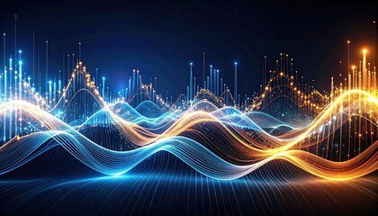 Abstract Digital Waves Glowing with Blue and Orange Light Representing Data Flow and Technology