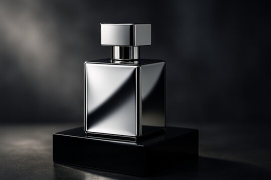 Silver mirrored perfume bottle on platform