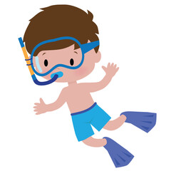 Cute little snorkeling boy vector cartoon illustration