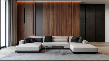Minimalist living room with a modern sectional sofa, wooden wall paneling, black accents, and a low coffee table on a neutral rug.