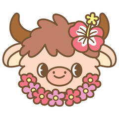 cute kawaii Summer Highland Cow outline cartoon doodle illustration