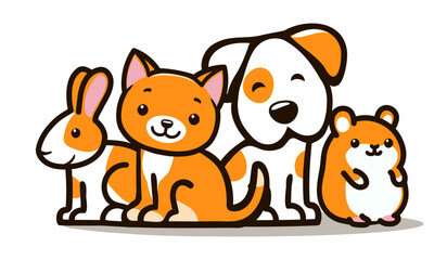 cartoon illustration features a orange cat and a dog, rabbit and hamster sitting side by side