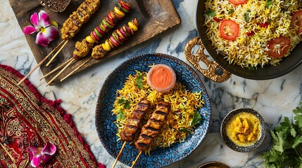 Eid Dining Table Filled With Biryani Kebabs Desserts Served for Family Gathering Celebration Original Background
