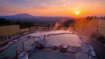 sunset in the japanese onsen © Pooh Creation