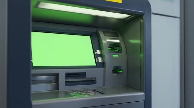 Modern ATM Machine with Green Screen Display &ndash; High-Tech Banking Interface. 