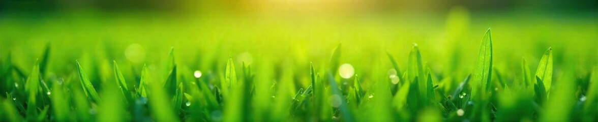 Obraz premium A lush green field glistening with morning dew, sunlight illuminating droplets on blades of grass Perfect for agricultural, environmental, or nature themes , pasture, calm