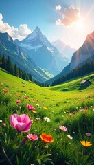 Serene meadow nestled in a mountain valley, wildflowers blooming under a vibrant sky  Sunlight bathes the lush green grass and distant peaks ,  clouds,  pastoral