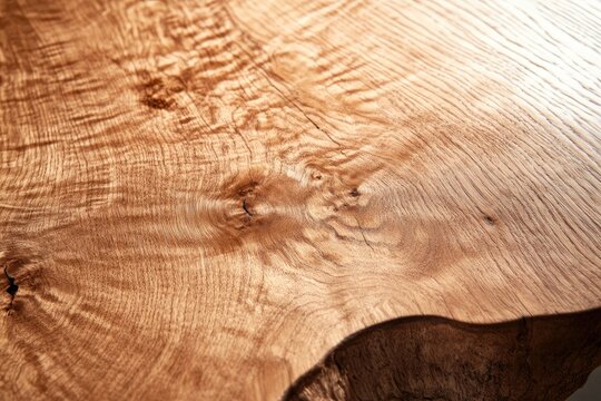 Close-up view of a wood slab table top.  Natural wood grain patterns and light highlights
