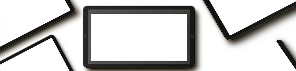 Obraz premium The illustration features a modern, isolated tablet on a white background, showcasing the device from multiple angles with a blank screen