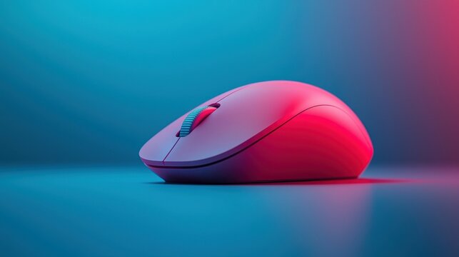 Close up of a pink and purple computer mouse on a blue and purple background lit well