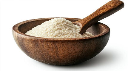 Fine white sugar sits in a wooden bowl with a spoon resting on the edge in a well-lit kitchen