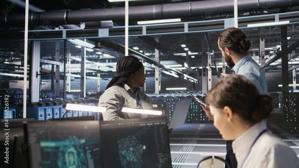 Poster data scientists working together in server room, reviewing neural network code and llm visualization