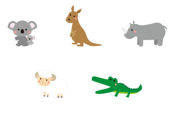Parenting & Education Animal Set: Koala, Kangaroo, Rhino, Sheep, Crocodile in Minimalist Flat Design with Rosy Cheeks
