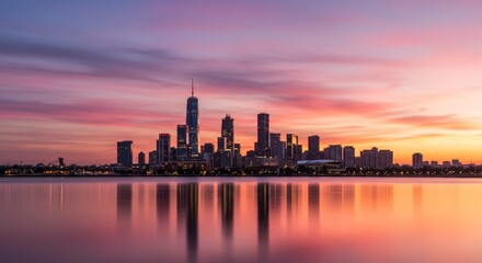 Obraz premium City Skyline at Sunset Reflection - Stunning cityscape at sunset, reflected in calm water. Vibrant colors paint the sky