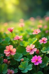 Vibrant rainbow clover blossoms in a lush green field, bathed in sunlight A magical, whimsical scene perfect for fantasy or nature themes , blossom, grass, rainbow